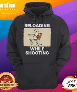 Funny reloading while shooting toilet humor hoodie featuring a playful design for comedy lovers and firearm enthusiasts.