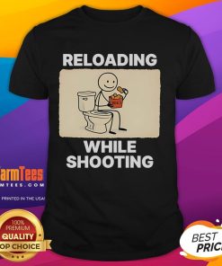 Funny reloading while shooting toilet humor T-shirt featuring a playful graphic of a toilet and bullets, perfect for gun enthusiasts.