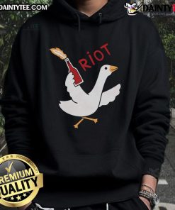 Funny Riot Goose hoodie featuring a cartoon goose holding a Molotov cocktail, perfect for humor and streetwear enthusiasts.