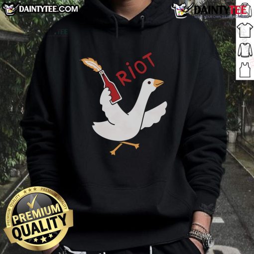 Funny Riot Goose hoodie featuring a cartoon goose holding a Molotov cocktail, perfect for humor and streetwear enthusiasts.