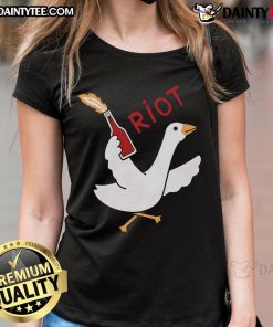 Funny Riot Goose holding a Molotov cocktail on a trendy ladies tee, perfect for humor-loving fashion enthusiasts.