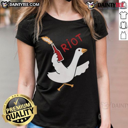 Funny Riot Goose holding a Molotov cocktail on a trendy ladies tee, perfect for humor-loving fashion enthusiasts.