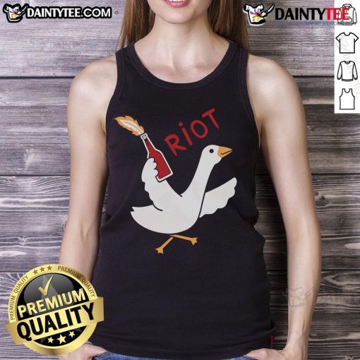 Alt Text: Funny riot goose graphic on a Molotov cocktail tank top, perfect for humor and unique fashion statements.