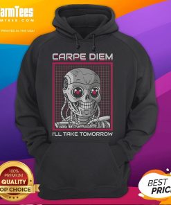 Funny Rise Of The Cute Machine hoodie featuring 'Carpe Diem, I'll Take Tomorrow' slogan in vibrant colors.