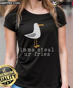 Funny seagull stealing fries on a ladies' tee, perfect for beach lovers with a sense of humor. Shop now!
