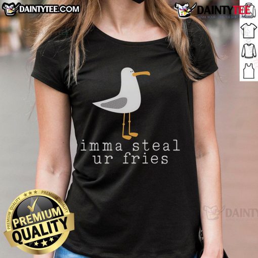 Funny seagull stealing fries on a ladies' tee, perfect for beach lovers with a sense of humor. Shop now!