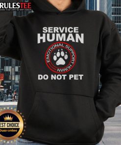 Funny service human dog owner in an emotional support hoodie, showcasing a lighthearted bond between pets and their humans.