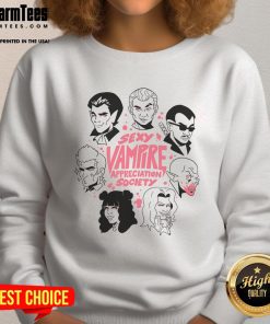 Funny Sexy Vampire Appreciation Society sweatshirt featuring playful mosquito graphics and humorous text design.
