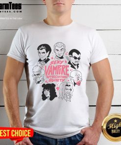 Alt Text: Funny Sexy Vampire Appreciation Society T-Shirt featuring playful mosquito graphics and humorous text design.