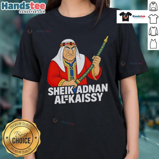 Funny Sheik Adnan Al Kaissy cartoon on a ladies tee, showcasing a humorous design perfect for wrestling fans.