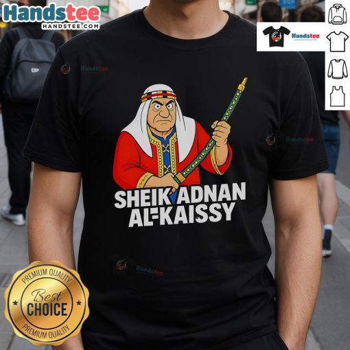 Funny Sheik Adnan Al-Kaissy cartoon T-shirt featuring a humorous illustration of the iconic wrestler in vibrant colors.