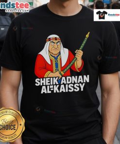 Funny Sheik Adnan Al-Kaissy cartoon T-shirt featuring a humorous illustration of the iconic wrestler in vibrant colors.