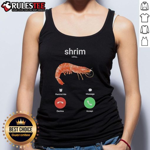 Funny shrimp phone call tank top featuring a whimsical shrimp graphic and vibrant colors for a playful summer look.