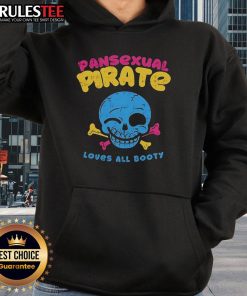 Funny skull smile pansexual pirate loves all booty hoodie design showcasing vibrant colors and playful graphics.