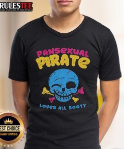Funny Skull Smile Pansexual Pirate T-Shirt featuring a playful design celebrating love for all booty and inclusivity.