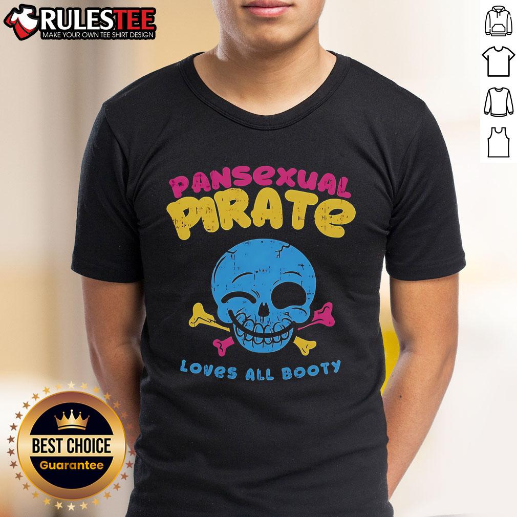 Funny Skull Smile Pansexual Pirate Loves All Booty T Shirt Funny Skull Smile Pansexual Pirate T-Shirt featuring a playful design celebrating love for all booty and inclusivity.