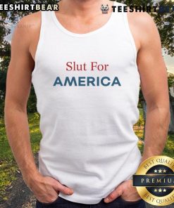 Funny Slut For America tank top featuring bold, humorous text design in vibrant colors, perfect for casual summer wear.