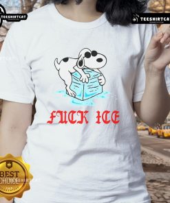 Funny Snoopy graphic on an ivory ladies tee, showcasing a playful 'Fck ICE' slogan for casual, humorous style.