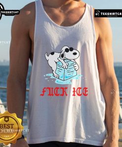 Funny Snoopy graphic on ivory tank top with 'F*ck ICE' slogan, perfect for casual summer wear and dog lovers.