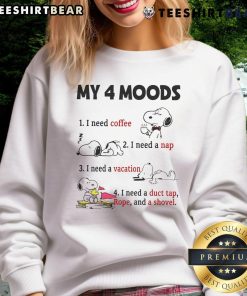 Funny Snoopy sweatshirt showcasing 'My 4 Moods: I Need Coffee, I Need A Nap, I Need A Vacation' design.