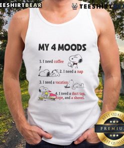 Funny Snoopy tank top featuring 'My 4 Moods: I Need Coffee, I Need A Nap, I Need A Vacation' design.