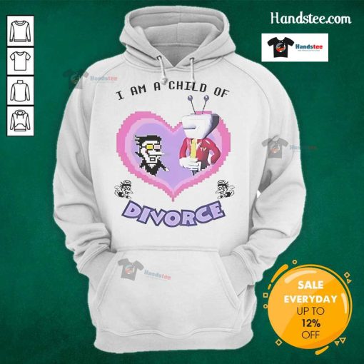 Funny Spamton 'I Am A Child Of Divorce' hoodie design featuring vibrant colors and playful text for unique fashion statement.