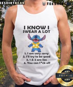 Alt Text: Funny Stitch tank top with 'I know I swear a lot, I'm very sorry, I'll try to be good' design for casual wear.
