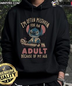 Funny Stitch hoodie with 'I'm often mistaken for an adult because of my age' text, perfect for quirky fashion lovers.