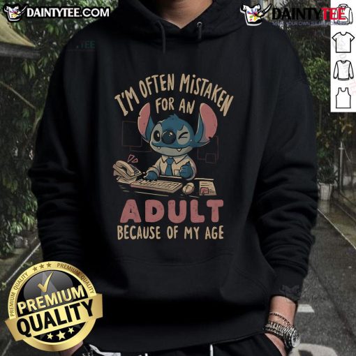 Funny Stitch hoodie with 'I'm often mistaken for an adult because of my age' text, perfect for quirky fashion lovers.