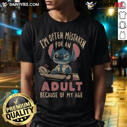 Funny Stitch t-shirt with 'I'M Often Mistaken For An Adult Because Of My Age' slogan for humorous fashion lovers.