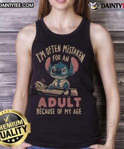 Funny Stitch tank top with 'I'm often mistaken for an adult because of my age' design, perfect for casual wear.