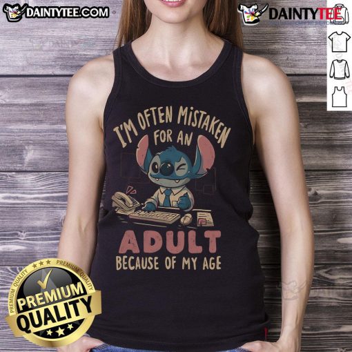 Funny Stitch tank top with 'I'm often mistaken for an adult because of my age' design, perfect for casual wear.