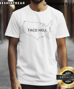 Funny Taco Hell American Map T-Shirt featuring a humorous graphic of the USA with taco locations and vibrant colors.