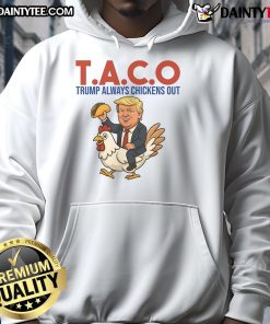 Funny Taco Trump hoodie featuring a cartoon of Trump riding a chicken, showcasing humor and playful design.