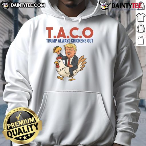 Funny Taco Trump hoodie featuring a cartoon of Trump riding a chicken, showcasing humor and playful design.