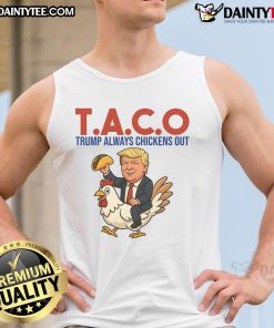 Funny Taco Trump in a humorous chicken tank top, showcasing his quirky style and personality. Perfect for a laugh!
