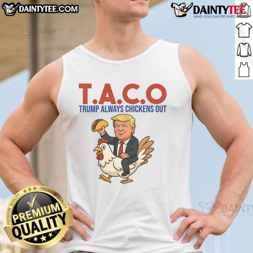 Funny Taco Trump in a humorous chicken tank top, showcasing his quirky style and personality. Perfect for a laugh!