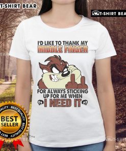 Funny Tasmanian tee featuring 'I'd like to thank my middle finger' design, perfect for humor-loving ladies.