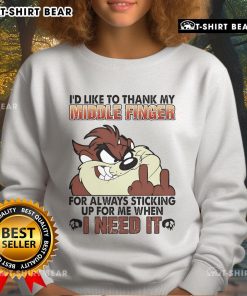 Alt Text: Funny Tasmanian sweatshirt featuring 'I'd Like to Thank My Middle Finger' graphic, perfect for casual wear.
