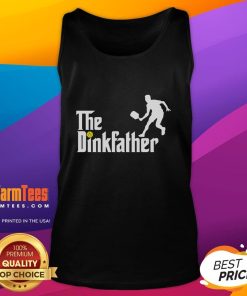 Funny pickleball dad wearing a tank top with 'The Dink Father' graphic, perfect for pickleball enthusiasts.