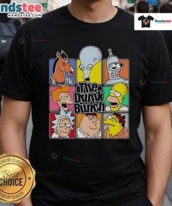 Funny The Drunk Bunch cartoon T-shirt featuring playful characters enjoying drinks in a vibrant, humorous design.