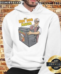 Funny Hot Dog Mayor Hoodie featuring a whimsical cartoon hot dog in a mayor's outfit, perfect for quirky fashion lovers.