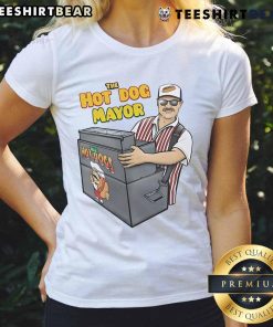 Funny The Hot Dog Mayor Ladies Tee featuring a whimsical hot dog graphic, perfect for casual outings and food lovers.