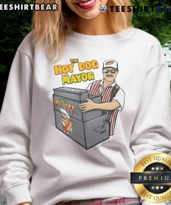 Funny hot dog mayor sweatshirt featuring a whimsical graphic of a hot dog in a mayor's outfit, perfect for quirky fashion.