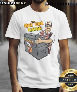 Funny The Hot Dog Mayor T-Shirt featuring a whimsical hot dog character, perfect for food lovers and humor enthusiasts.