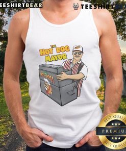 Funny The Hot Dog Mayor tank top featuring a cartoon hot dog character with a mayoral sash in vibrant colors.