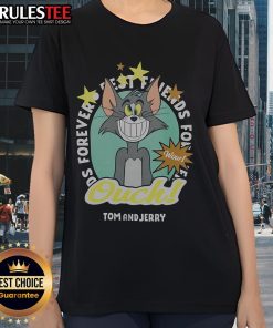 Funny Tom and Jerry Ouch Forever Best Friends ladies tee showcasing playful cartoon characters in vibrant colors.
