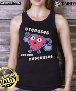 Funny Uteruses Before Duderuses tank top design featuring humorous illustrations and text, perfect for casual wear.