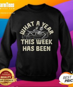 Alt Text: Funny skeleton sweatshirt design reading What a year this week has been for humorous casual wear.