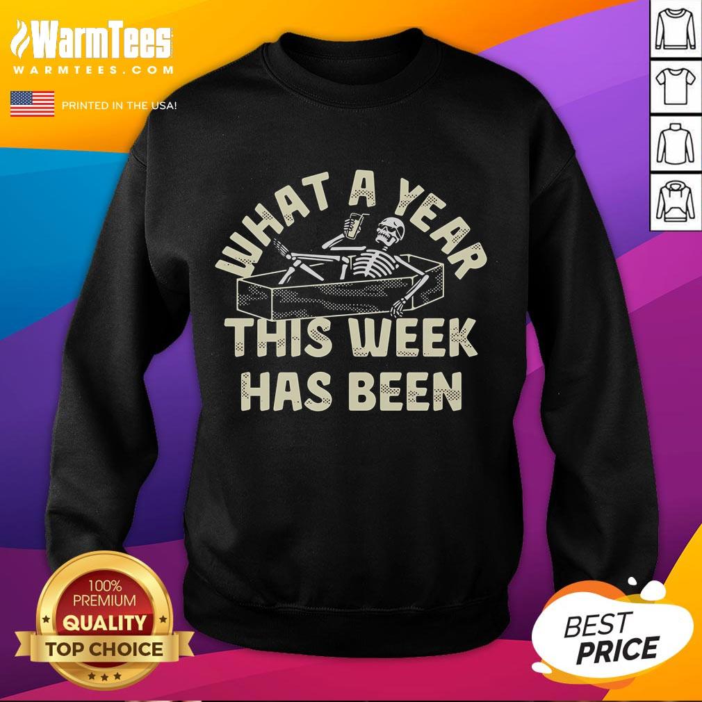Funny What A Year This Week Has Been Skeleton Sweatshirt Alt Text: Funny skeleton sweatshirt design reading What a year this week has been for humorous casual wear.